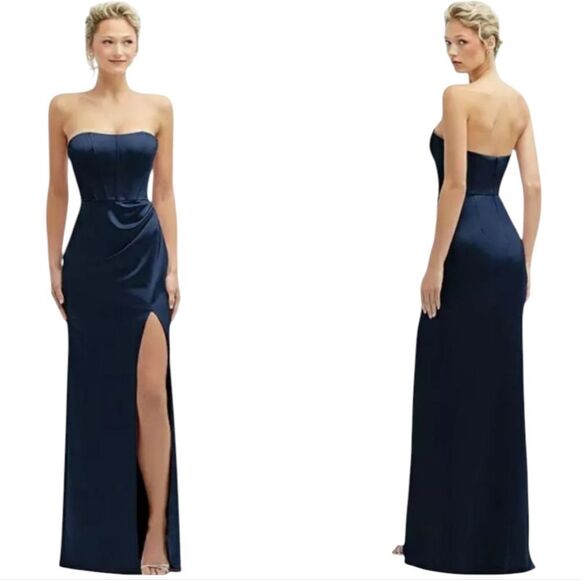 NWT After Six Corset Satin Maxi Dress  Draped Column Skirt Midnight Navy Size 8 - Picture 1 of 16